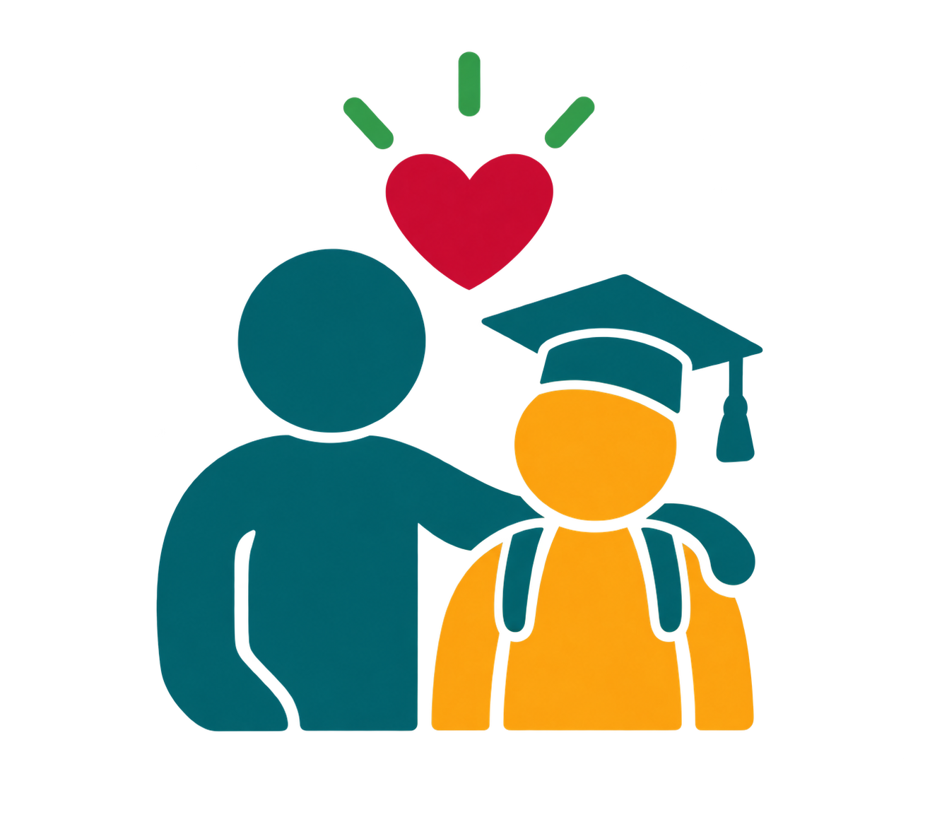 A teal-colored adult figure places an arm around an orange-colored student wearing a graduation cap, positioned beneath a red heart icon.